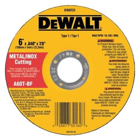 Dewalt Dewalt 115-DW8725 6 in. X.040 in. X.88 in. A60T Metalthin Cutoff Wheel Type1 115-DW8725